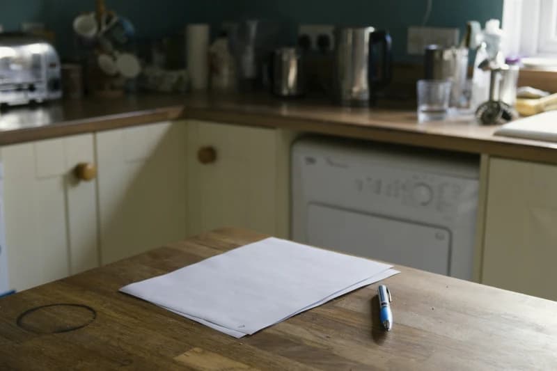 Un document papier et un stylo posés sur la table en bois d'une cuisine familiale, dans une lumière douce.